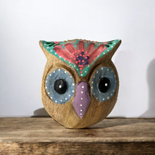 Load image into Gallery viewer, Hand-Painted Wooden Owl Figurine - Blue Floral &amp; Rustic Finish