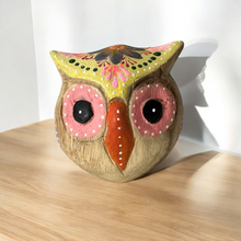 Load image into Gallery viewer, Hand-Painted Wooden Owl Figurine - Yellow &amp; Pink Artistic Design