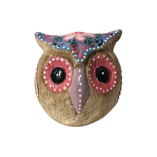 Load image into Gallery viewer, Hand-Painted Wooden Owl Figurine - Yellow &amp; Pink Detailed Carving
