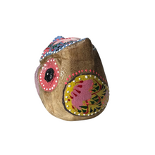 Load image into Gallery viewer, Hand-Painted Wooden Owl Figurine - Yellow &amp; Pink Detailed Carving