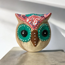 Load image into Gallery viewer, Hand-Painted Wooden Owl Figurine - Warm Earth Tones &amp; Floral Design