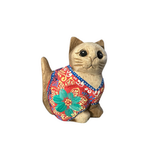 Load image into Gallery viewer, Hand-Carved Wooden Cat Figurine with Hand-Painted Floral Design Red Version – Siam Ruby Cat