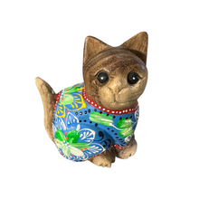Load image into Gallery viewer, Hand-Carved Wooden Cat Figurine with Hand-Painted Floral Design Blue Version – Azure Blossom Cat