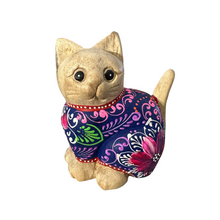 Load image into Gallery viewer, Hand-Carved Wooden Cat Figurine with Hand-Painted Floral Design Twilight Orchid Cat