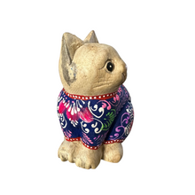 Load image into Gallery viewer, Hand-Carved Wooden Cat Figurine with Hand-Painted Floral Design Twilight Orchid Cat