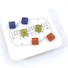 Load image into Gallery viewer, Blue Green &amp; Brown Frosted Minimalist Mod Square Stud Earrings Set