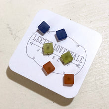 Load image into Gallery viewer, Blue Green &amp; Brown Frosted Minimalist Mod Square Stud Earrings Set