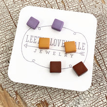Load image into Gallery viewer, Purple Mustard &amp; Chocolate Minimalist Mod Square Stud Earrings Set