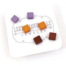 Load image into Gallery viewer, Purple Mustard &amp; Chocolate Minimalist Mod Square Stud Earrings Set