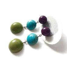 Load image into Gallery viewer, Eggplant Purple Turquoise &amp; Olive Green Tri Dot Drop Earrings