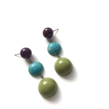 Load image into Gallery viewer, Eggplant Purple Turquoise &amp; Olive Green Tri Dot Drop Earrings