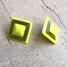 Load image into Gallery viewer, Neon Yellow Sparkle Square Stud Earrings