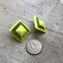Load image into Gallery viewer, Neon Yellow Sparkle Square Stud Earrings