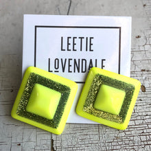 Load image into Gallery viewer, Neon Yellow Sparkle Square Stud Earrings