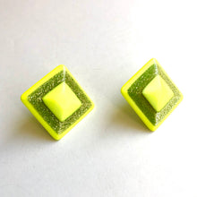 Load image into Gallery viewer, Neon Yellow Sparkle Square Stud Earrings
