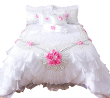 Load image into Gallery viewer, Tache Ruffle Floral Lace Satin White Pink Luxury Delicate Rose Comforter Set (MA125)