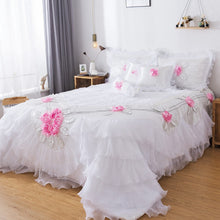 Load image into Gallery viewer, Tache Ruffle Floral Lace Satin White Pink Luxury Delicate Rose Comforter Set (MA125)