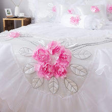 Load image into Gallery viewer, Tache Ruffle Floral Lace Satin White Pink Luxury Delicate Rose Comforter Set (MA125)