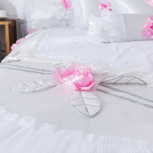Load image into Gallery viewer, Tache Ruffle Floral Lace Satin White Pink Luxury Delicate Rose Comforter Set (MA125)