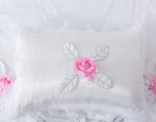 Load image into Gallery viewer, Tache Ruffle Floral Lace Satin White Pink Luxury Delicate Rose Comforter Set (MA125)