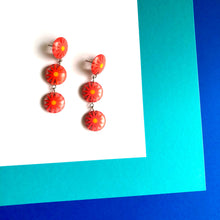 Load image into Gallery viewer, Orange Sunflower Burst Tri Dot Drop Earrings