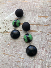 Load image into Gallery viewer, Black &amp; Kelly Green Batik Tri Dot Drop Earrings
