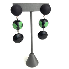 Load image into Gallery viewer, Black &amp; Kelly Green Batik Tri Dot Drop Earrings