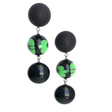Load image into Gallery viewer, Black &amp; Kelly Green Batik Tri Dot Drop Earrings