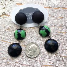 Load image into Gallery viewer, Black &amp; Kelly Green Batik Tri Dot Drop Earrings