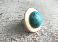Load image into Gallery viewer, Cream &amp; Marbled Turquoise Layered Lucite Silver Cocktail Ring
