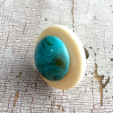 Load image into Gallery viewer, Cream &amp; Marbled Turquoise Layered Lucite Silver Cocktail Ring