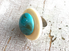 Load image into Gallery viewer, Cream &amp; Marbled Turquoise Layered Lucite Silver Cocktail Ring