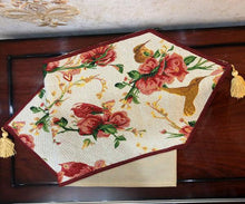 Load image into Gallery viewer, Tache Floral Red Roses Hummingbirds Ivory Woven Tapestry Table Runner (18109)