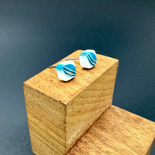 Load image into Gallery viewer, Aqua Blue &amp; White Striped Square Cane Slice Stud Earrings