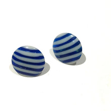 Load image into Gallery viewer, Cobalt Blue &amp; White Pin Stripe Disc Stud Earrings
