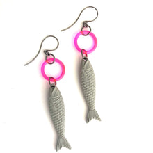 Load image into Gallery viewer, Grey &amp; Neon Pink Fish A Lure-Ing Earrings