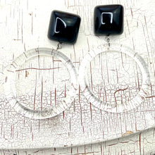 Load image into Gallery viewer, Black Cubed with Clear Donut Drop Earrings