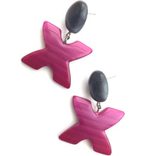 Load image into Gallery viewer, Grey &amp; Magenta Striped 'X' Kiss Moonglow Statement Earrings