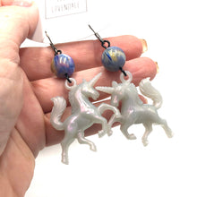 Load image into Gallery viewer, Aurora Grey &amp; Marbled Blue Unicorn Earrings