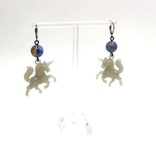 Load image into Gallery viewer, Aurora Grey &amp; Marbled Blue Unicorn Earrings