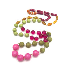 Load image into Gallery viewer, Bright Pink &amp; Olive Green Rosary Rope Necklace