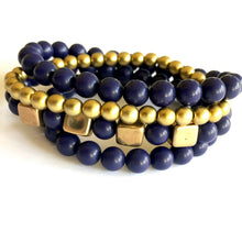 Load image into Gallery viewer, Navy Blurple &amp; Gold Cube Stack and Stretch Bracelet Set *