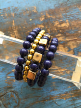 Load image into Gallery viewer, Navy Blurple &amp; Gold Cube Stack and Stretch Bracelet Set *