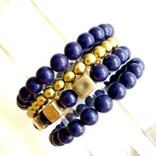 Load image into Gallery viewer, Navy Blurple &amp; Gold Cube Stack and Stretch Bracelet Set *