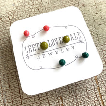 Load image into Gallery viewer, Olive Emerald &amp; Coral Tiny Studs Set