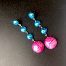 Load image into Gallery viewer, Peacock &amp; Hot Pink Capiz Drop Statement Earrings