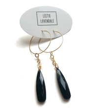 Load image into Gallery viewer, Black Faceted Briolette on Gold Hoop Earrings *