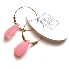 Load image into Gallery viewer, Pink Quartz Faceted Briolette on Gold Hoop Earrings *