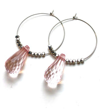Load image into Gallery viewer, Pink Faceted Briolette on Gun Metal Hoop Earrings *
