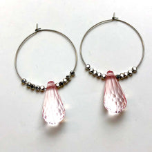 Load image into Gallery viewer, Pink Faceted Briolette on Gun Metal Hoop Earrings *